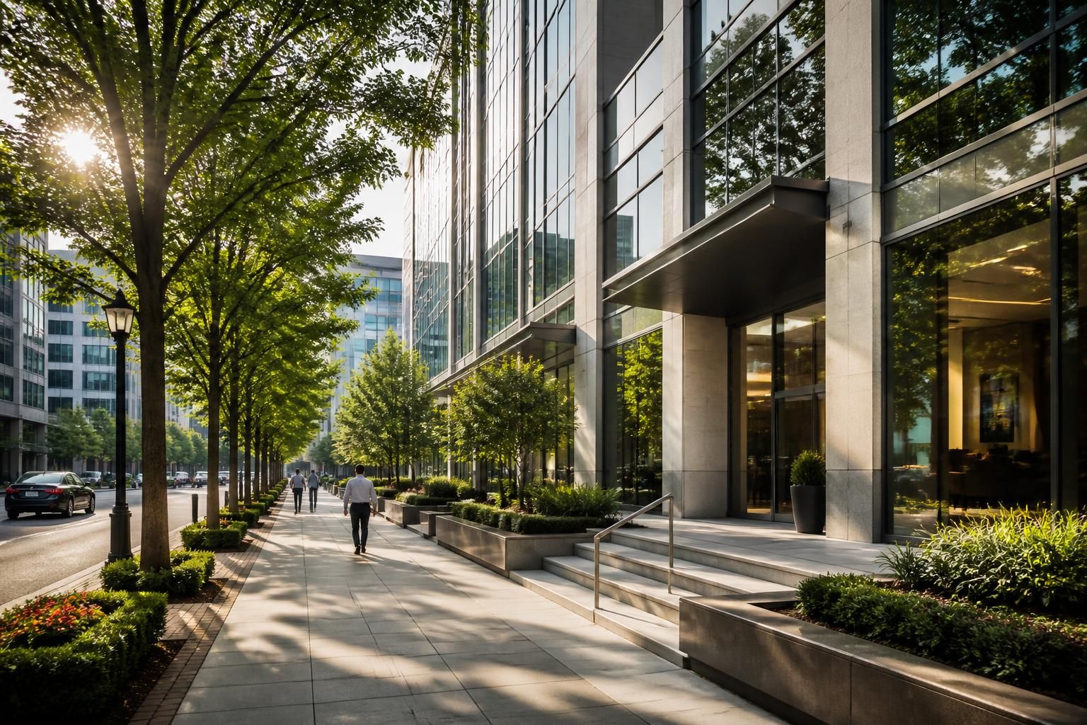 Modern commercial district with shade trees and clean streets