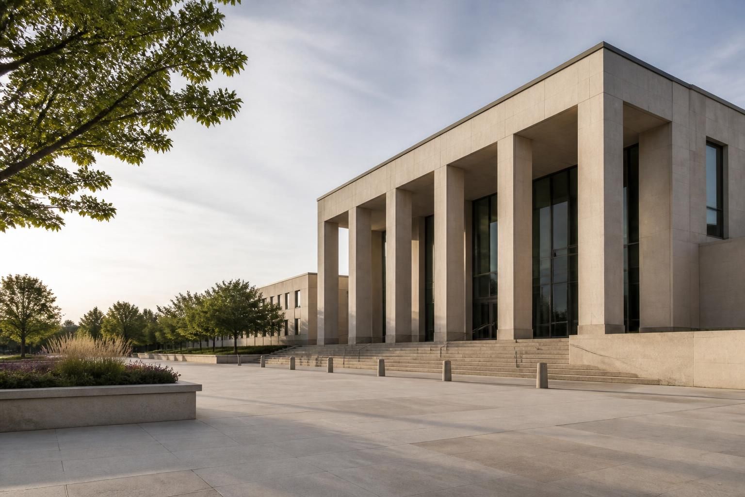 Modern courthouse exterior with a calm civic plaza in natural light