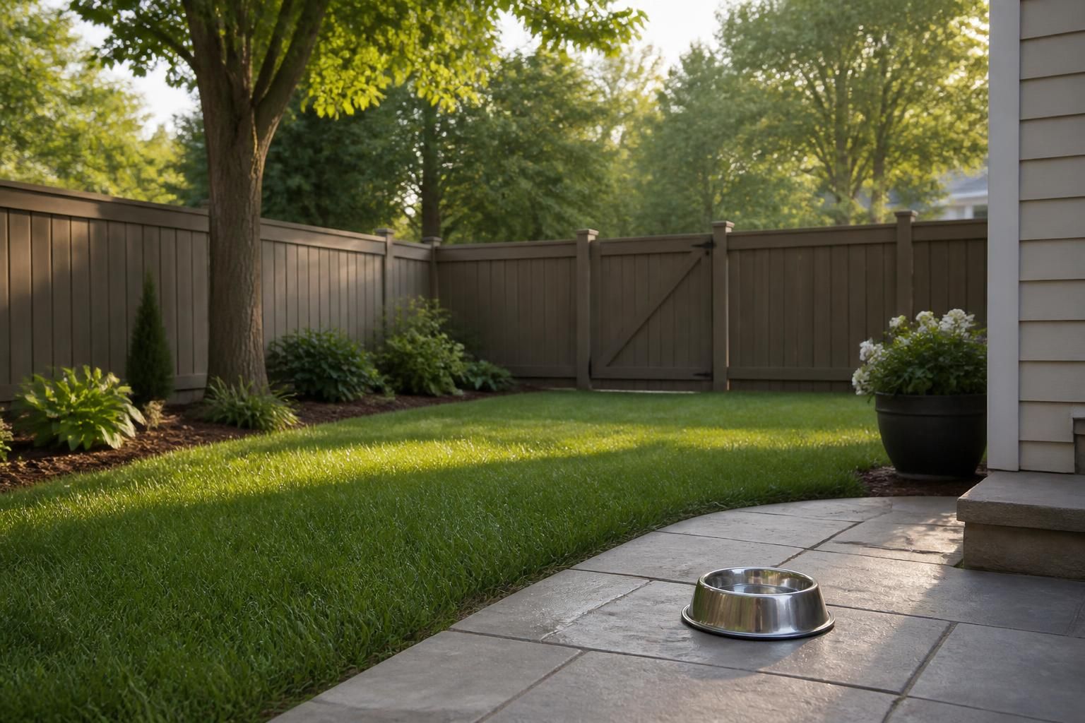 Secure backyard with fence and dog bowl near a patio