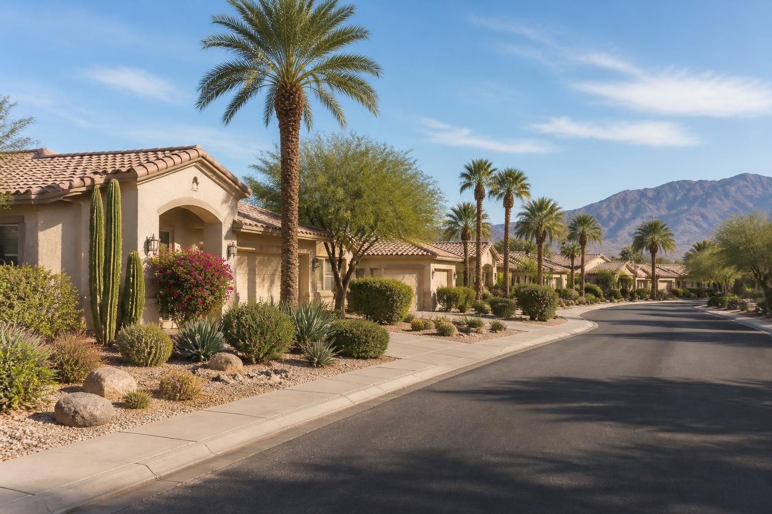 Clean suburban street with desert plants and well-kept homes
