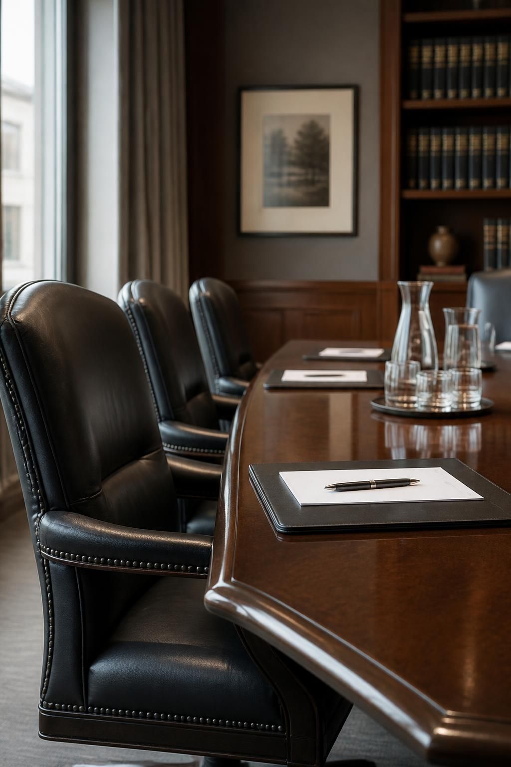 Refined law office conference room with leather chairs and natural light