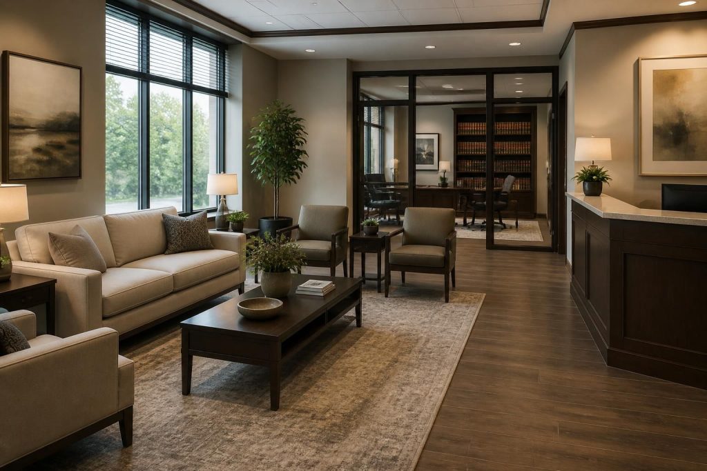 Welcoming law office reception area with elegant seating