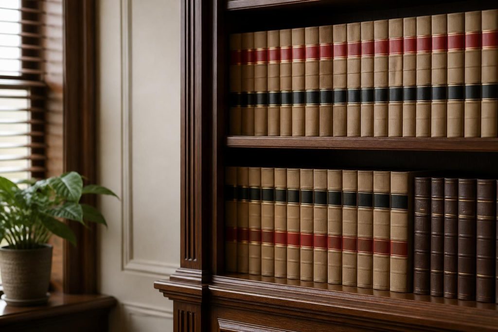 Organized law books on shelves with warm wood finishes