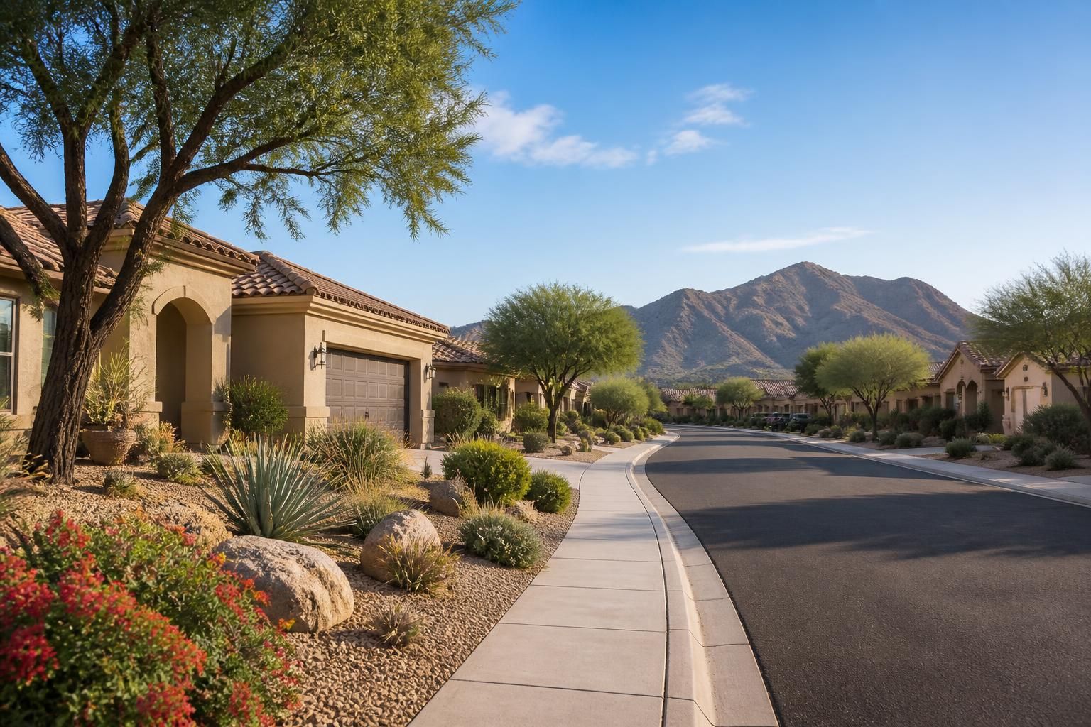 Residential street with desert landscaping and stucco homes