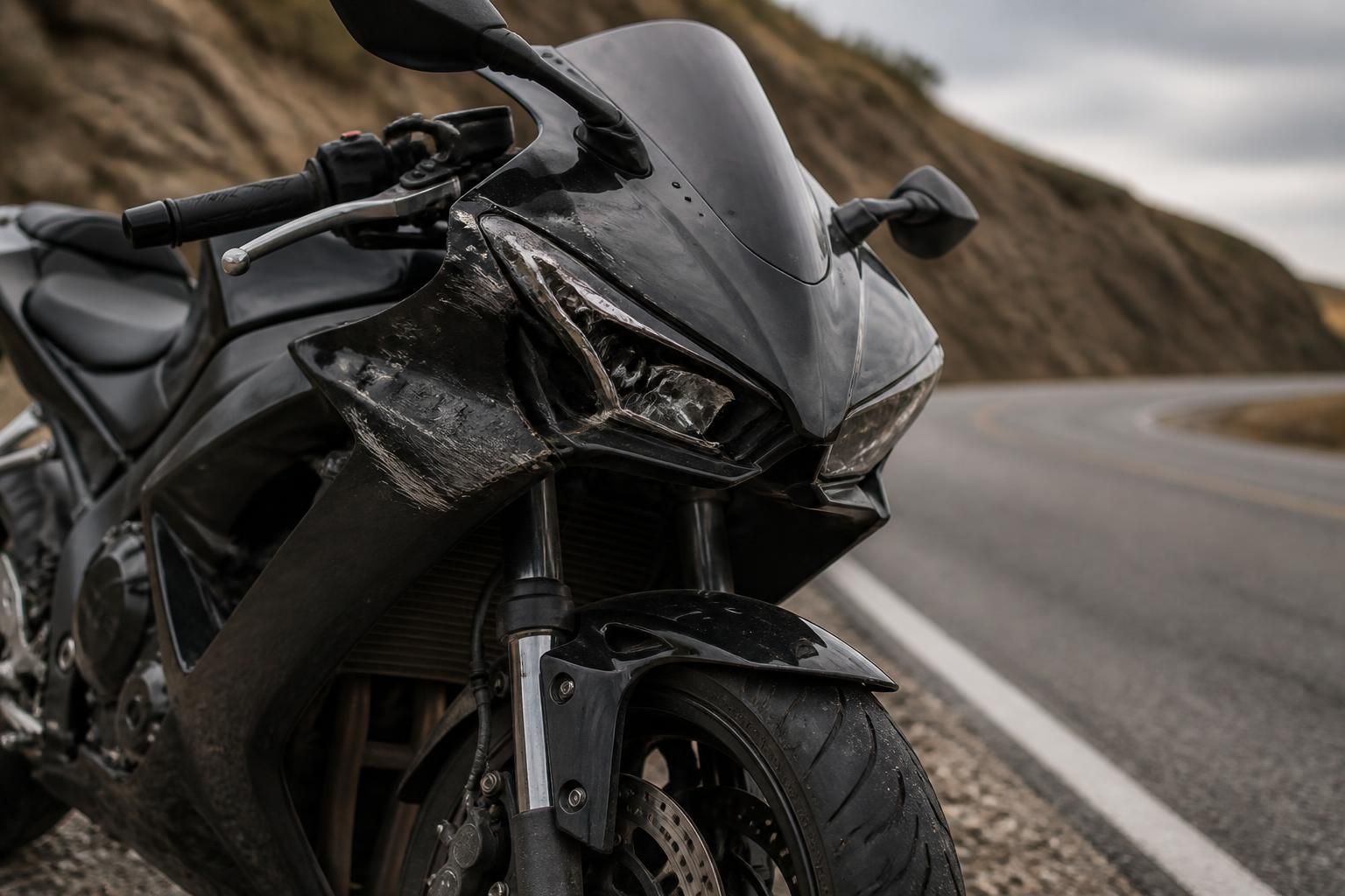 Motorcycle with subtle crash damage beside the road