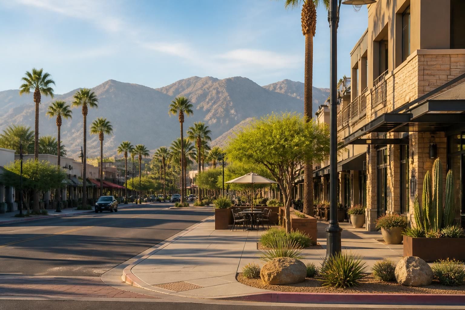 Bright desert city neighborhood with palm trees and modern buildings