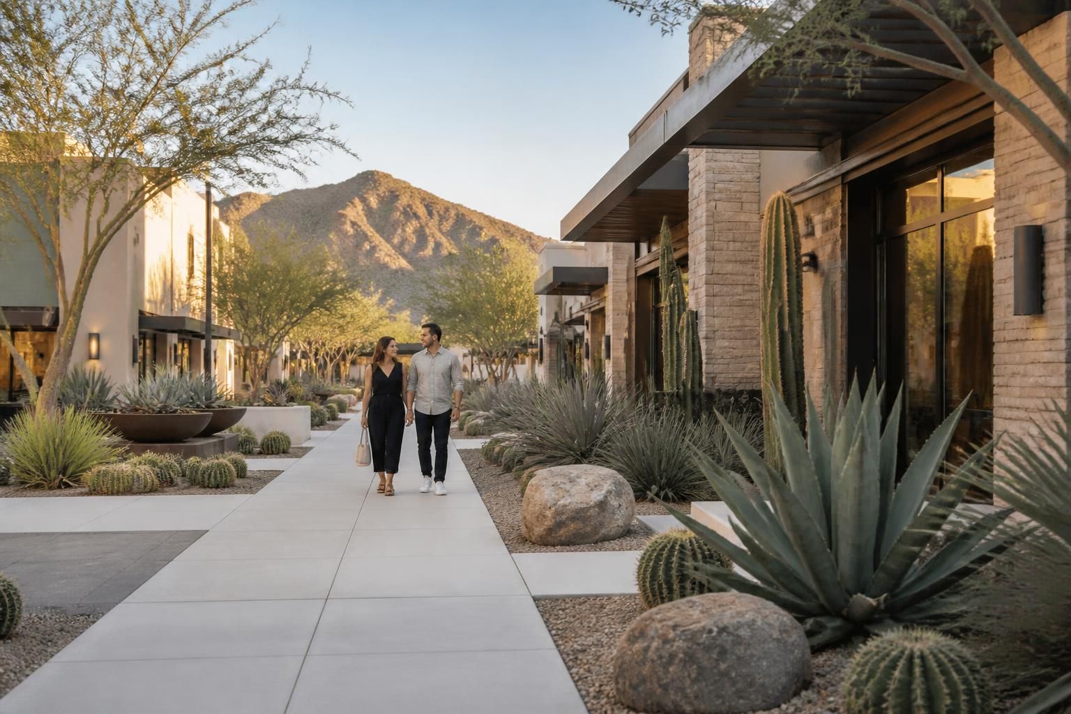 Upscale desert district with modern architecture and landscaping