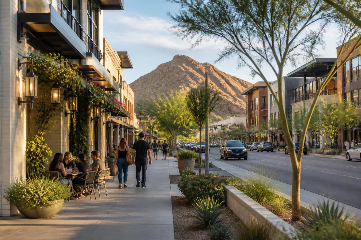 Tidy downtown street with modern buildings and desert trees