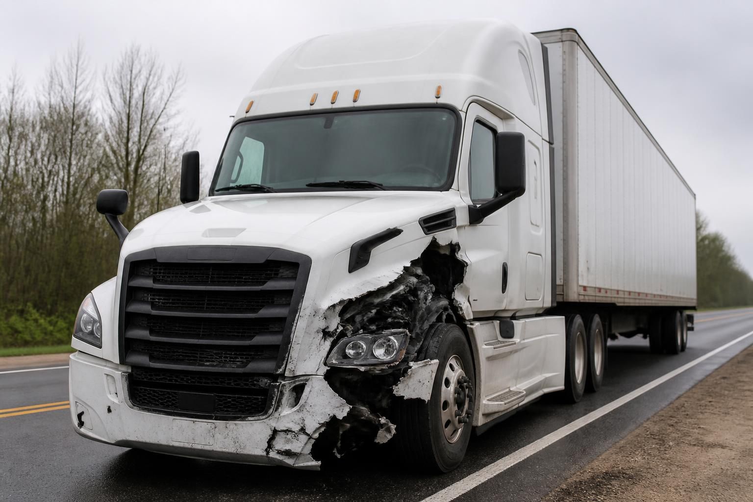 Commercial truck with visible damage on a quiet roadway