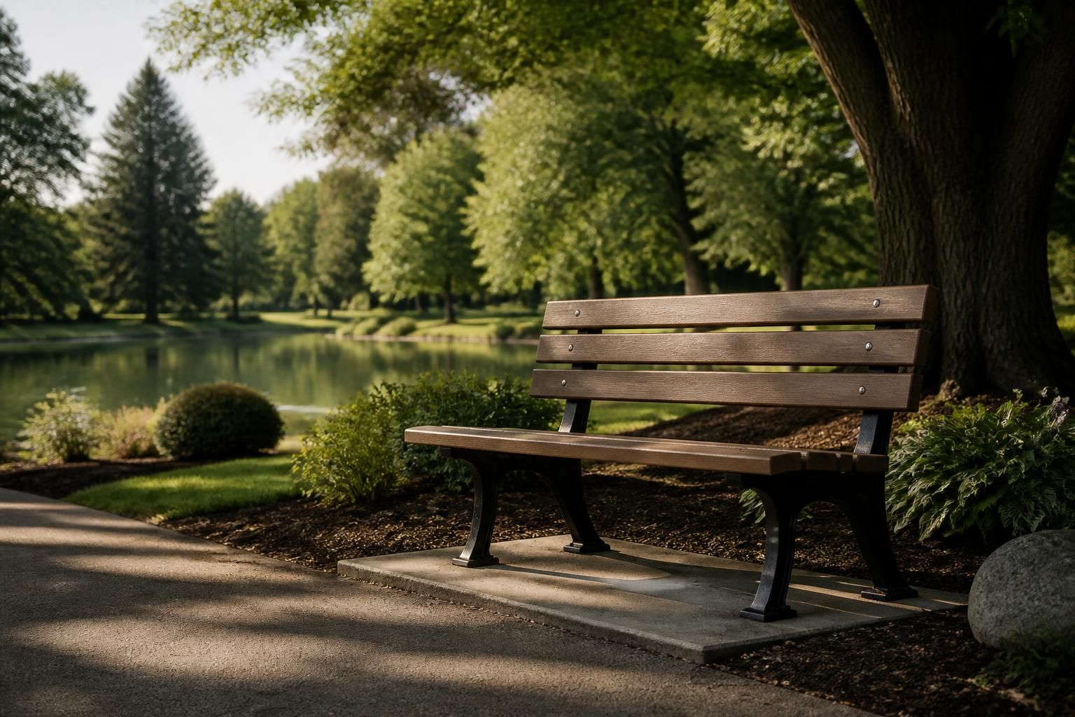 Quiet memorial bench in a peaceful park with soft light